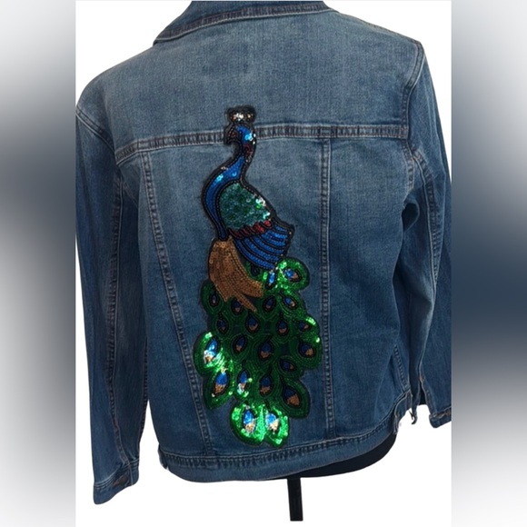 Tahari Blue and Green Jean Jacket with Peacock Design - Picture 10 of 10